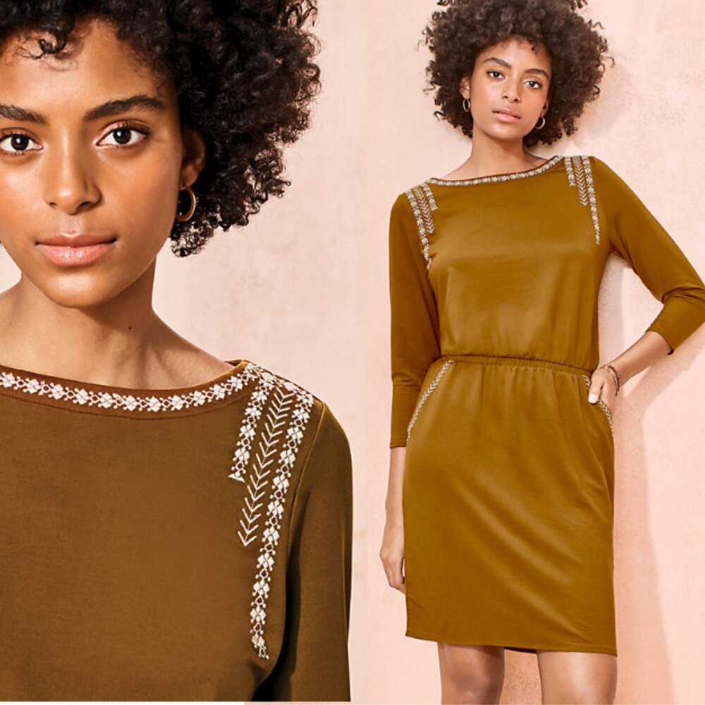 NWT GARNET HILL Embroidered Pocket-Detail Knit Tencel French Terry Dress Size M